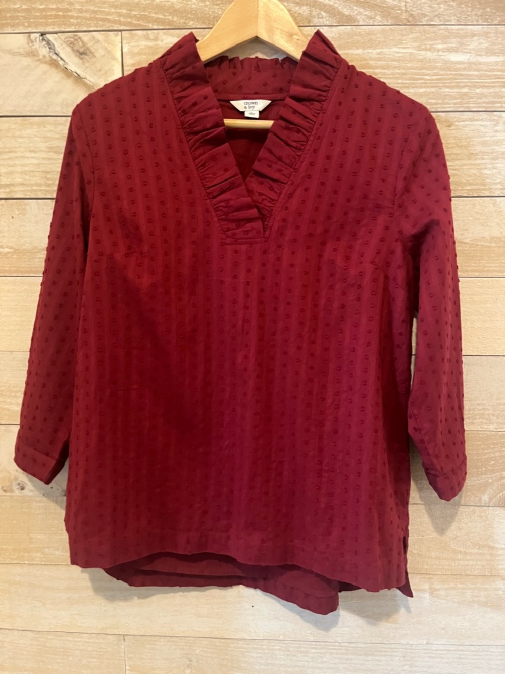 crown & ivy Burgundy Ruffle V-Neck Blouse 100% cotton